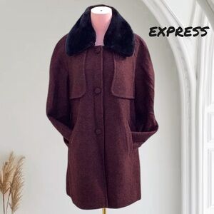 Express Chic Burgundy Coat with Removable Black Faux Fur Collar Wool Blend Med